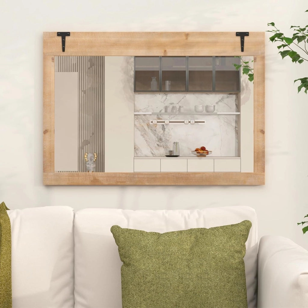 Specchio da parete con cornice in legno, Specchio stile rustico 97 x 67 cm con cornice in legno di abete Naturale-Specchi da parete
