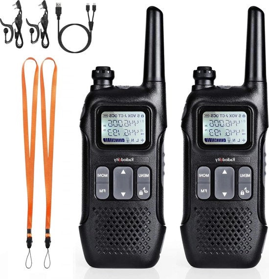 Radio a due vie PMR446 con display LCD, portata di 4 km, 16 canali, caricabile, con cuffia da auricolare, per avventura e campeggio, 2 pezzi