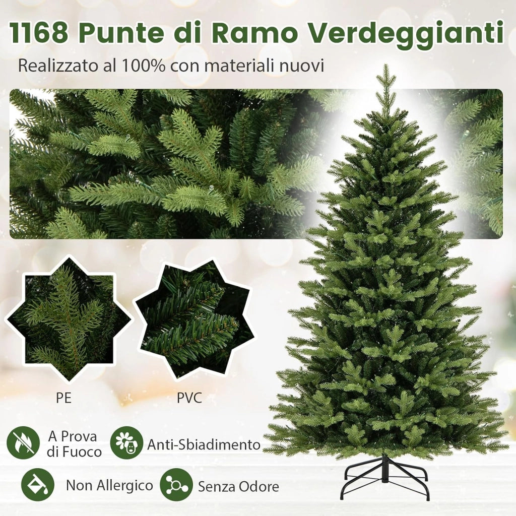 Albero di Natale 150/180/210 cm, Albero di Natale Pre-illuminato on Cerniera con 250/350 /470 Luci a LED Multicolori e Bianco Caldo, 11 Modalità di Illuminazione, 844/1168/1646 Rami (180 CM)