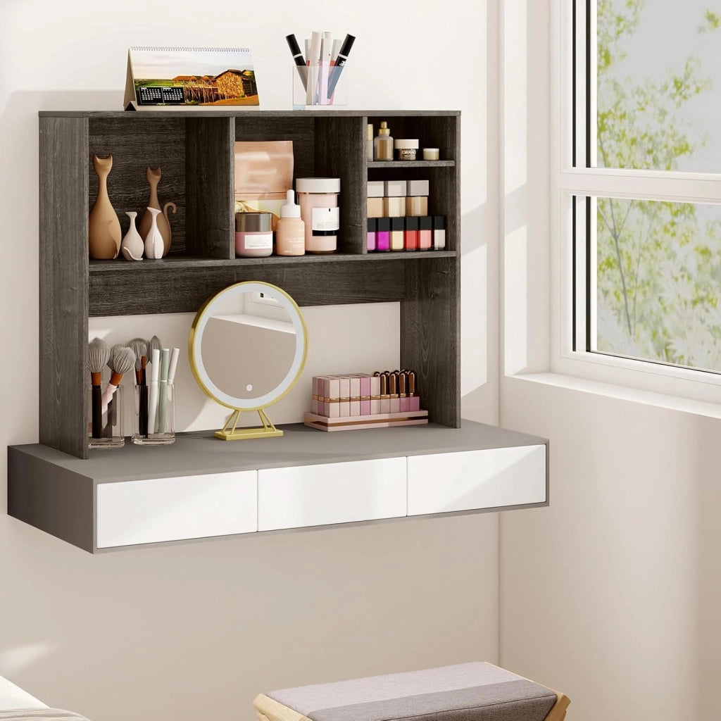 Scaffale da scrivania con 4 scomparti aperti, scaffale da tavolo con dispositivo di protezione ribaltabile e cuscinetti antiscivolo, in legno, 94 x 25 x 73 cm (grigio)
