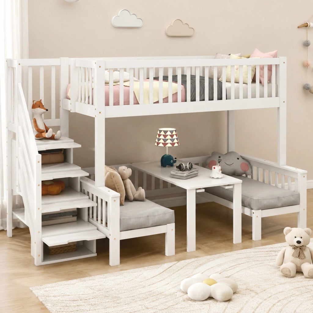 Letto a castello con scrivania pieghevole e scala contenitore 90x200/120x200 cm in legno e MDF bianco