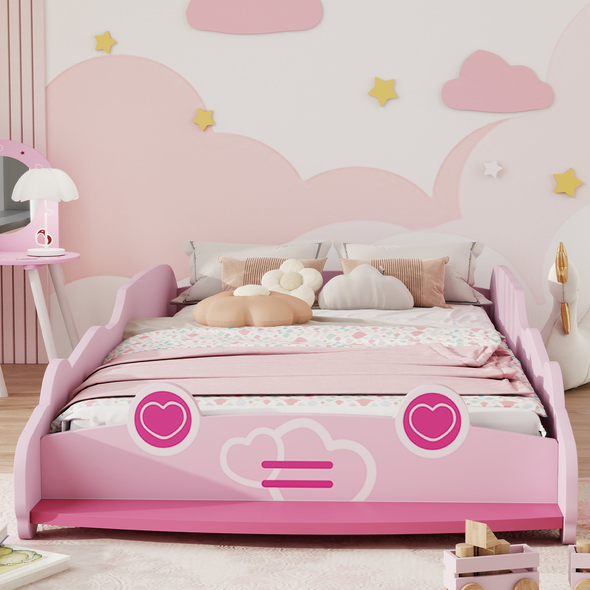 Letto per Bambini da 3-5 Anni 140x70 cm a Forma di Macchina con Sponde Rialzate di Sicurezza Rosa