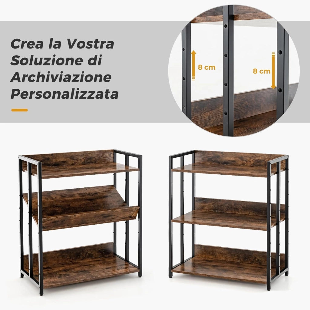 Scaffale a 3 Ripiani, Libreria Angolare Industriale con Ripiani Regolabili e Struttura Metallica, Scaffale da Terra con Dispositivo Antiribaltamento, 70x35x81 cm (Marrone)