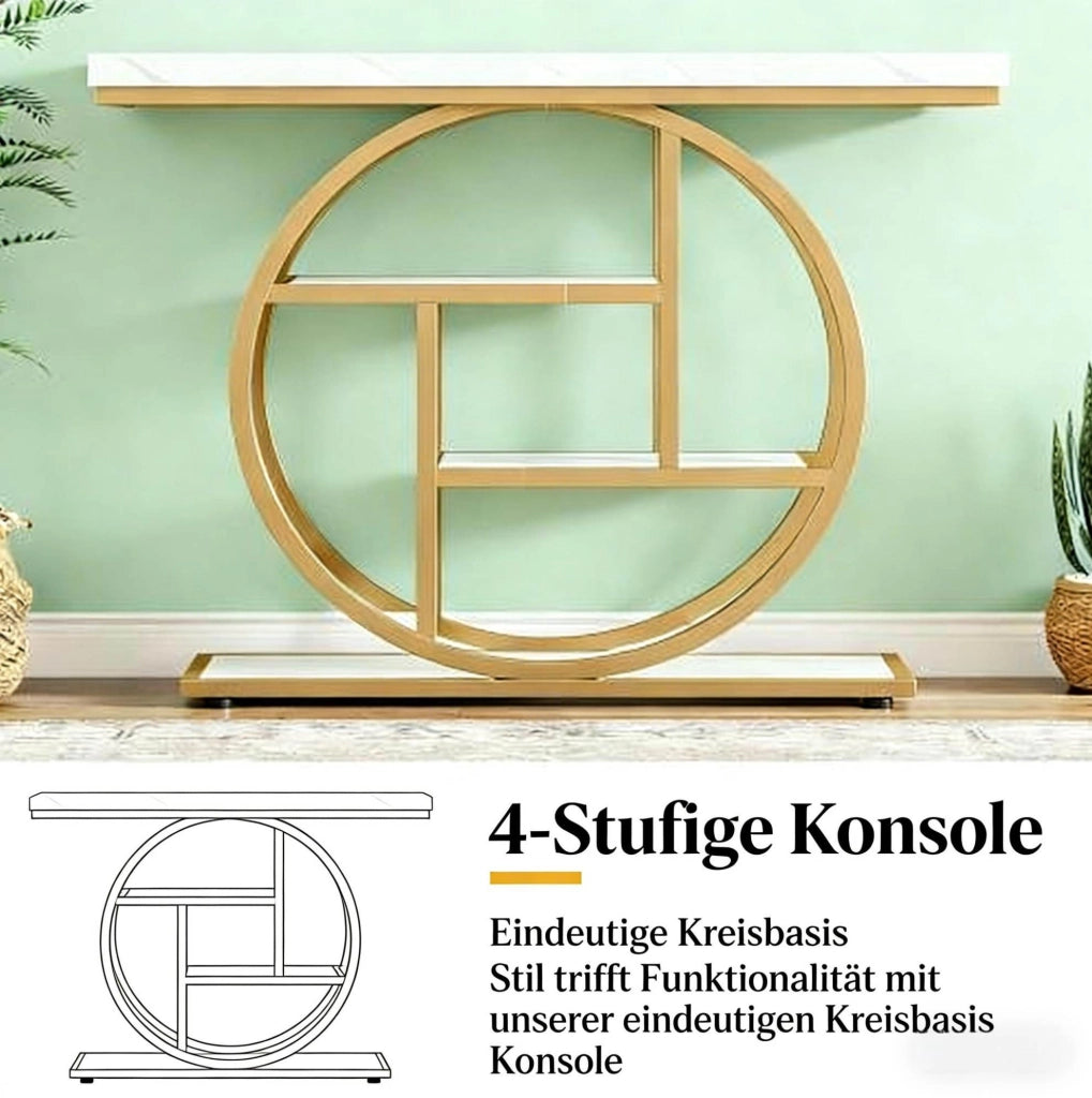 Tavolo consolle industriale a 4 livelli 105x30x80 cm in metallo e legno bianco e oro