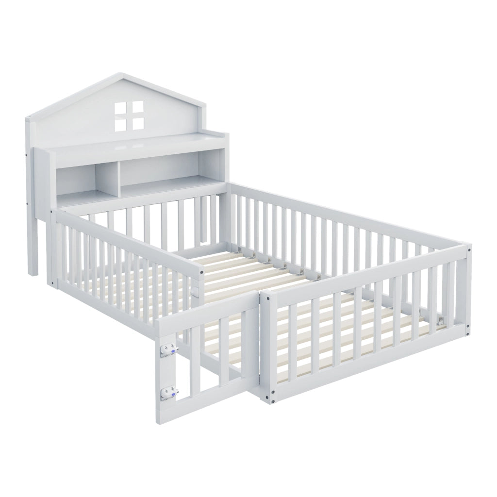 Letto bambino 90×200 cm con ripiani; lavagna; barriera e porta; senza materasso; legno massiccio; bianco