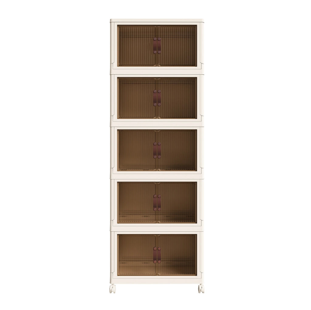 Armadio contenitore pieghevole a 5 livelli in PP bianco con porte magnetiche e ruote
