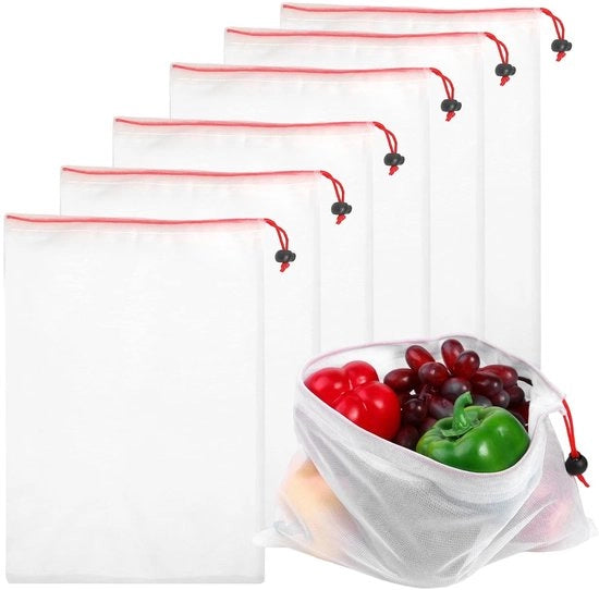 Set di sacchetti a rete riutilizzabili 6 pezzi - Borsa con cordoncino per la spesa - Per frutta/verdura - Realizzato con nylon - Dimensioni 43x30 cm - Peso leggero