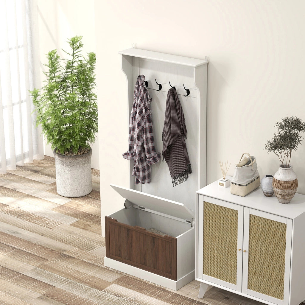 Mobile Appendiabiti 3 in 1 71,5x39,5x170 cm con 4 Ganci e Panca Contenitore in Legno Bianco