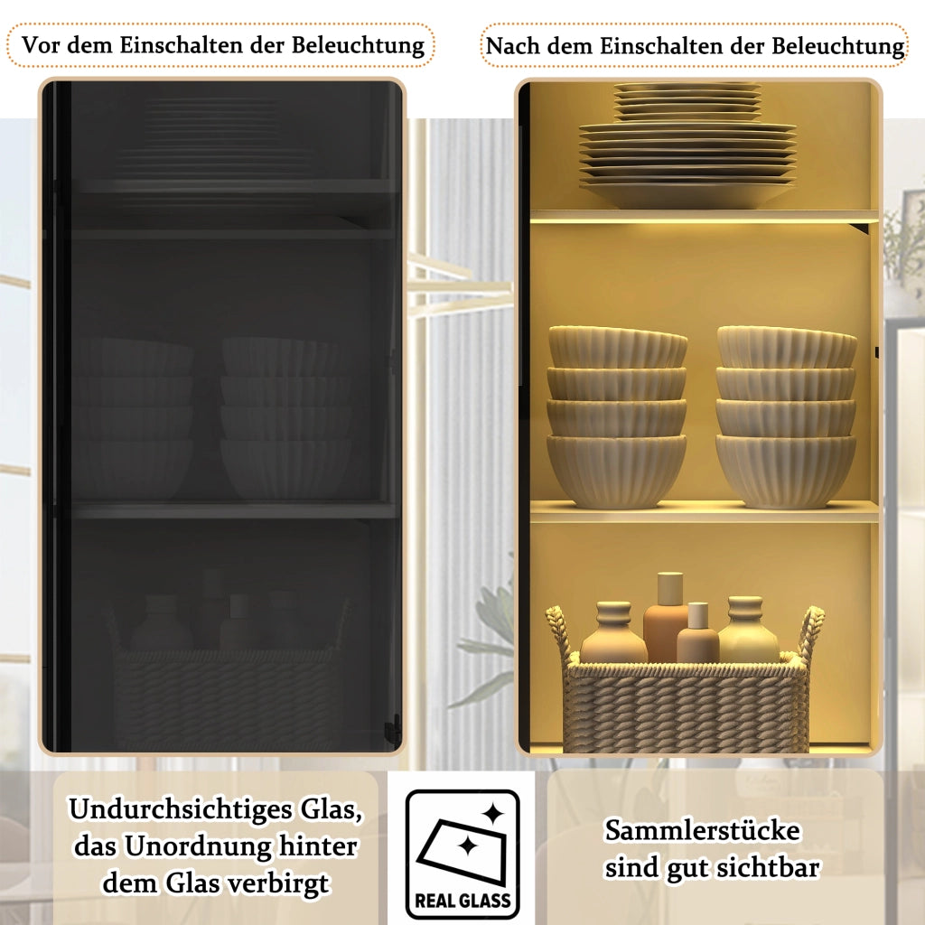 OKWISH Vetrina con 1 Anta in Vetro, 3 Cassetti e 3 Vani Aperti, LED Multicolore, per Soggiorno o Cucina, 80×40×160 cm