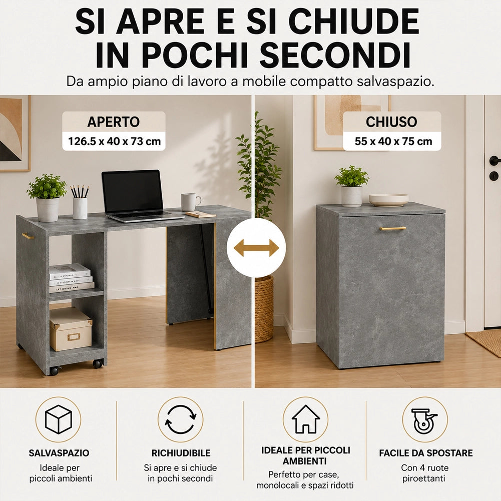 Mobile con Tavolo a Scomparsa Richiudibile Salvaspazio Scrivania con Libreria Grigio