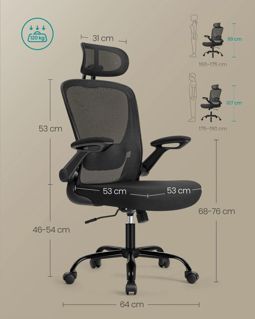 Sedia da ufficio ergonomica in tela con supporto lombare imbottito meccanismo a dondolo seduta larga 53 cm braccioli pieghevoli poggiatesta nero inchiostro 12_0004840