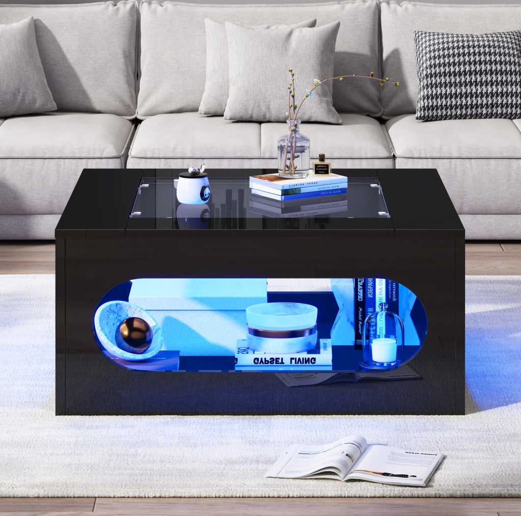 Tavolino da salotto quadrato 70 x 70 x 35 cm con LED controllato da app; vetro temperato; nero