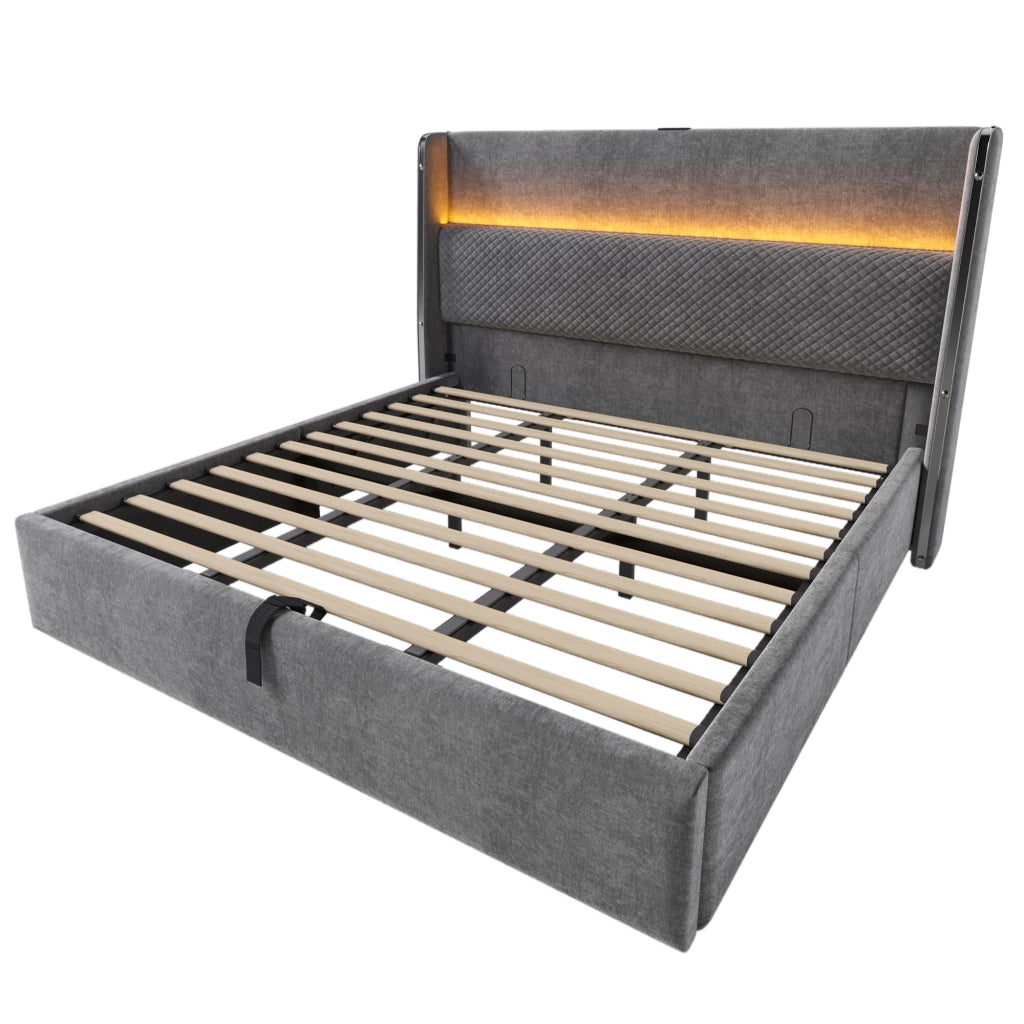 Letto matrimoniale idraulico 180x200 cm con LED; USB e Tipo C; contenitore e materasso grigio