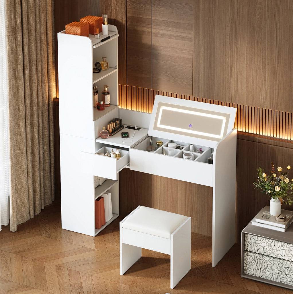 Toeletta 131x40x160 cm con specchio LED, USB e sgabello in legno ingegnerizzato bianco