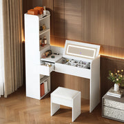 Toeletta 131x40x160 cm con specchio LED, USB e sgabello in legno ingegnerizzato bianco