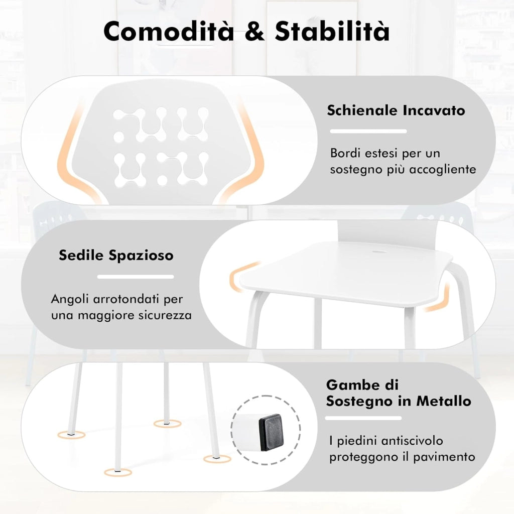 Set di 4 Sedie da Pranzo in Metallo, Sedie da Cucina Moderne con Schienale Traforato e Gambe in Metallo, Sedie senza Braccioli per Sala da Pranzo, Soggiorno, Portata 150 kg (Bianco)