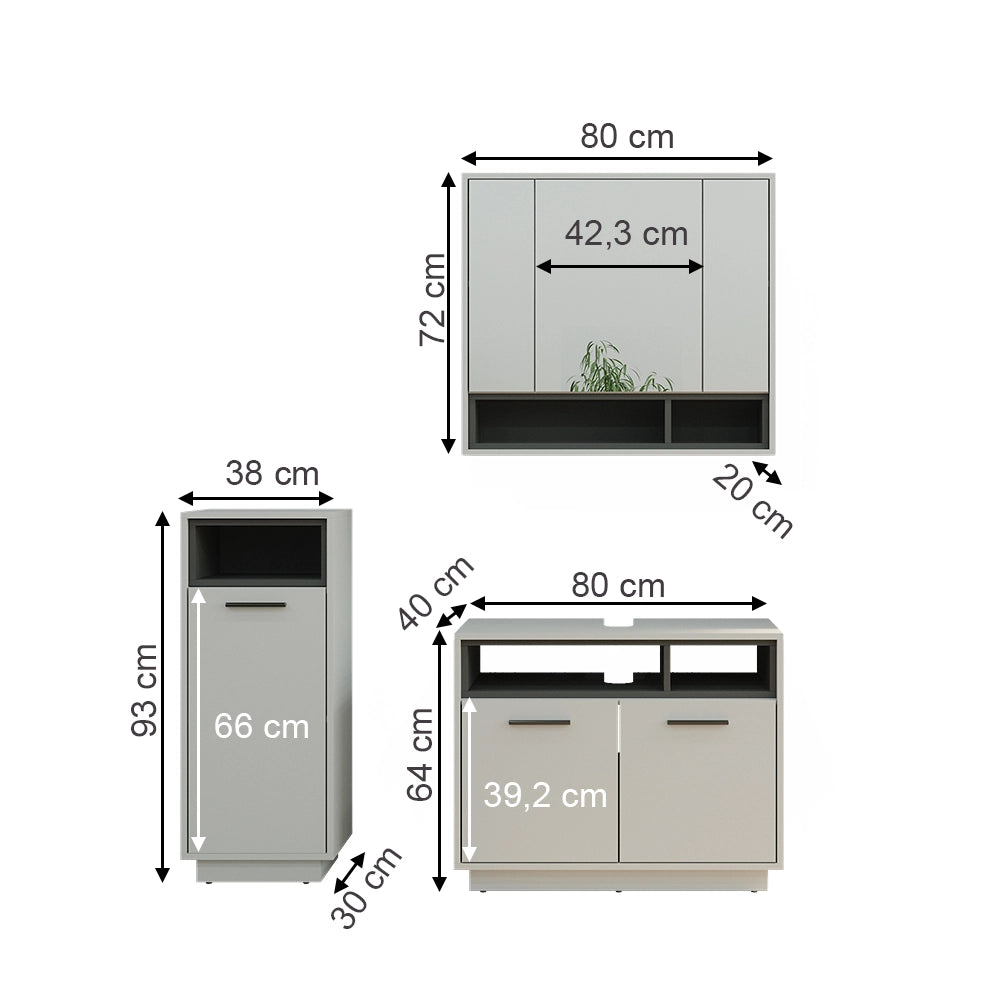 Vicco Set di mobili da bagno Grigio 3 parti