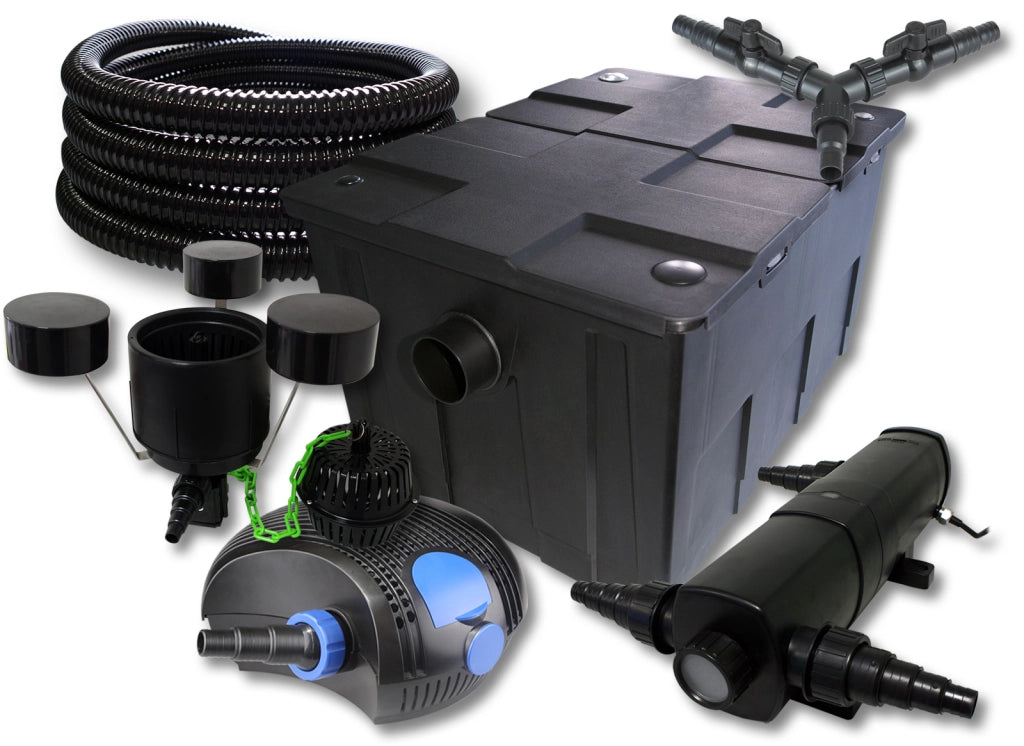 Set filtro per laghetto da 60.000l Chiarificatore 24W Pompa ECO 100W Tubo 25m Skimmer