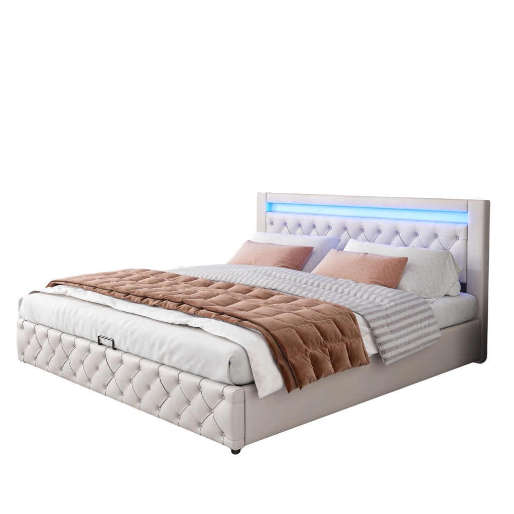 Letto imbottito 160 x 200 cm con rete a doghe, contenitore e LED, bianco, PU