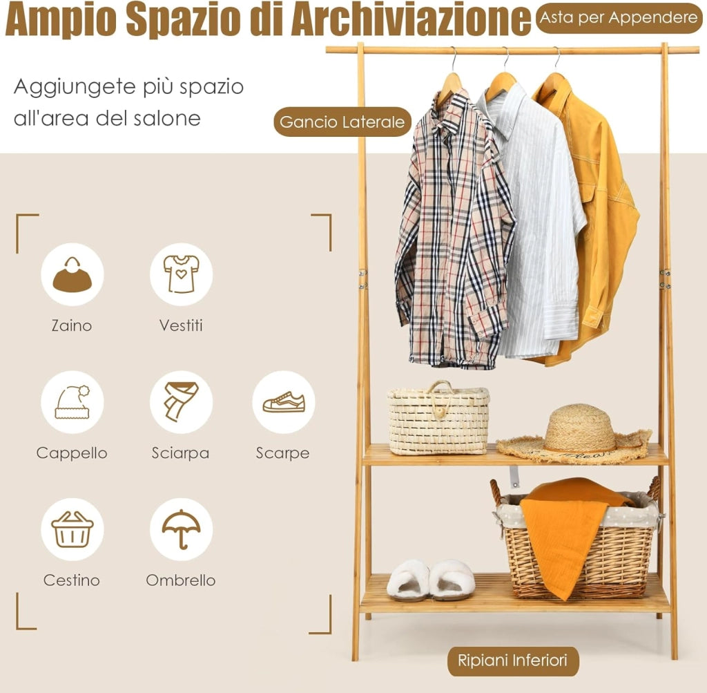 Stand Appendiabiti in Bambù, Rella Appendiabiti con 2 Ripiani, Salvaspazio e Resistente, Ideale per Ingresso Camera da letto, Naturale