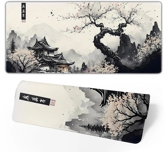 Tavolo da ufficio da gioco con pagoda giapponese e fiori di ciliegio - panno da ufficio oversized - formato XXL - 90 x 40 cm
