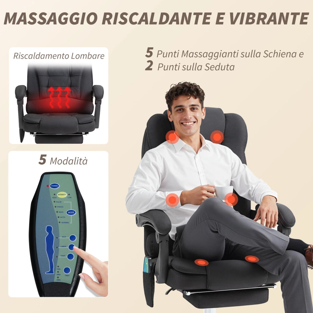 Poltrona da Ufficio 67x79x111-121 cm con Telecomando e 6 Punti di Massaggio in Tessuto Misto Velluto e Lino Grigio