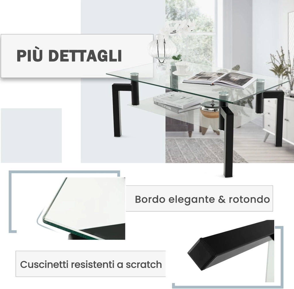 Tavolino da Salotto in Vetro Temperato Moderno, Tavolo Basso Rettangolare a 2 Livelli con Struttura in Metallo, Tavolino da Caffè per Soggiorno e Ufficio, 100 x 60 x 43 cm