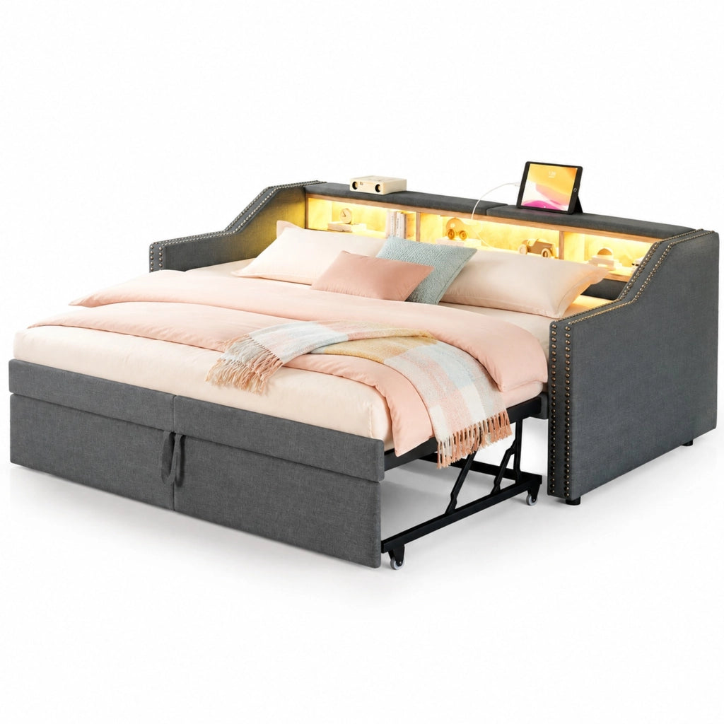 Divano letto imbottito estraibile 90/180 x 200 cm in tessuto effetto lino; grigio scuro