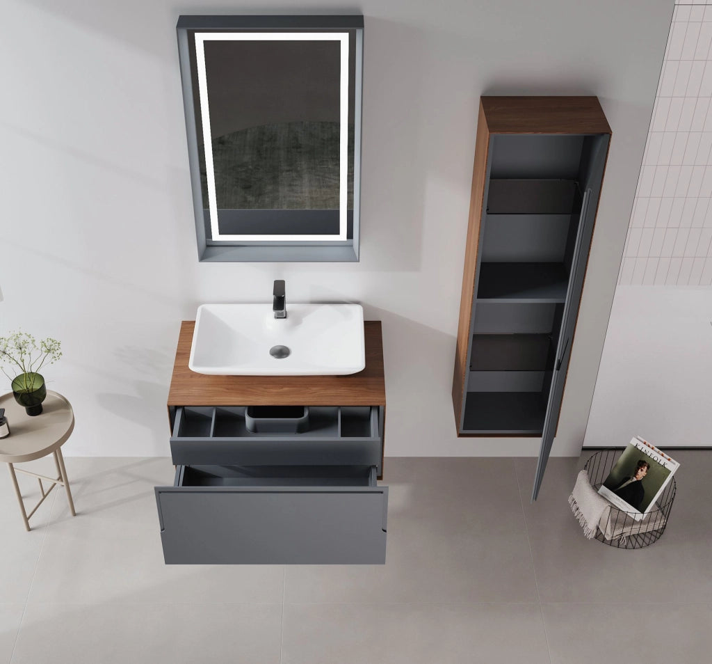 Set mobile lavabo con specchio (2 pezzi) "Craft 80" - 60 x 50 x 40 cm - Noce / Antracite / Bianco