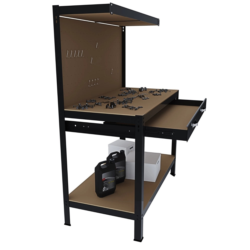 Banco Tavolo Da Lavoro A 3 Livelli Con Cassetto E Parete Pannello Forato Porta Attrezzi Utensili Portata Fino A 370 Kg Ideale Per Garage Officina Cantina Capannone Magazzino 120 X 60 Cm Nero