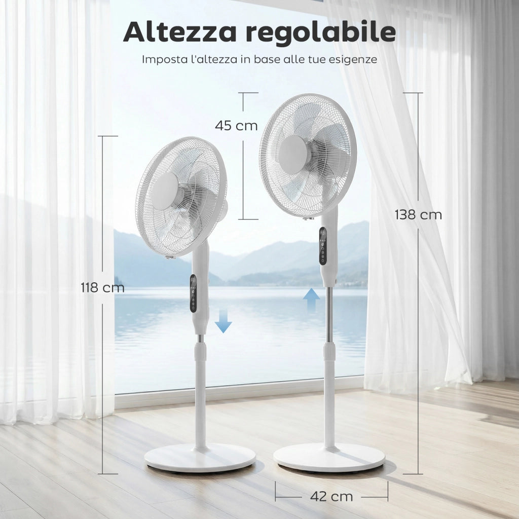 Ventilatore da Terra 45x42x138 cm con Telecomando 3 Velocità e 2 Modalità in ABS PP Acciaio Bianco