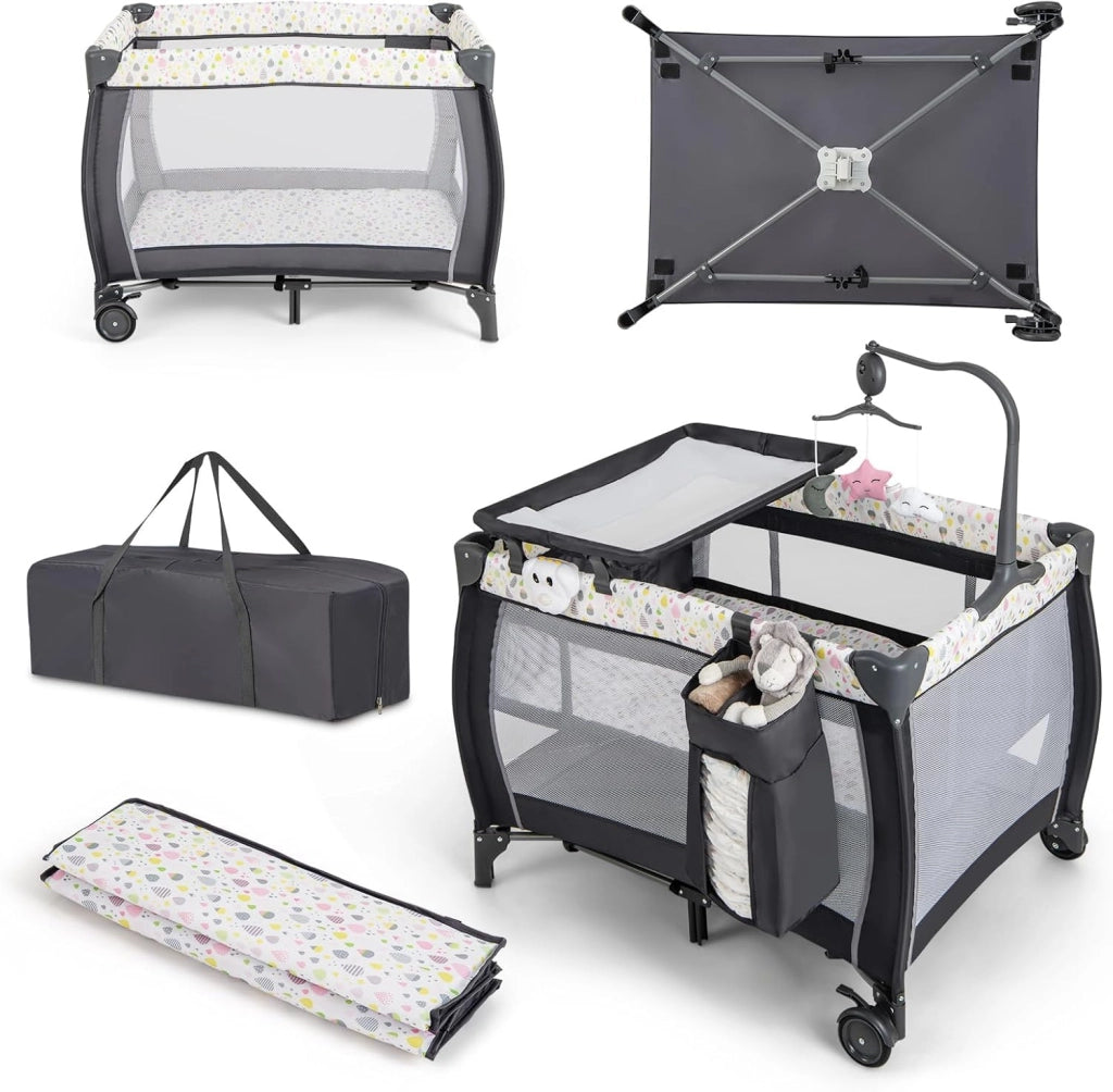 3 In 1 Lettino da Campeggio per Bambini, Lettino con Materasso Portatile per Neonati, Culla Pieghevole per Neonati con Fasciatoio, Carillon e Ruote con Freno, per Bambini 0-36 Mesi (Colorato)