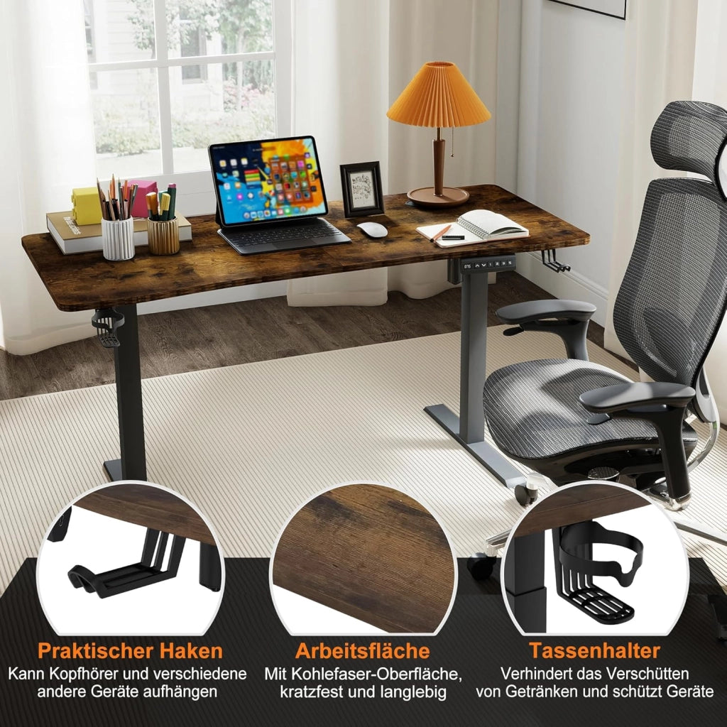 Scrivania regolabile in altezza, 160 x 60 cm, scrivania elettrica per computer, scrivania da ufficio con porta di ricarica di tipo C, gancio per cuffie e porta bevande, sedile elettrico, con