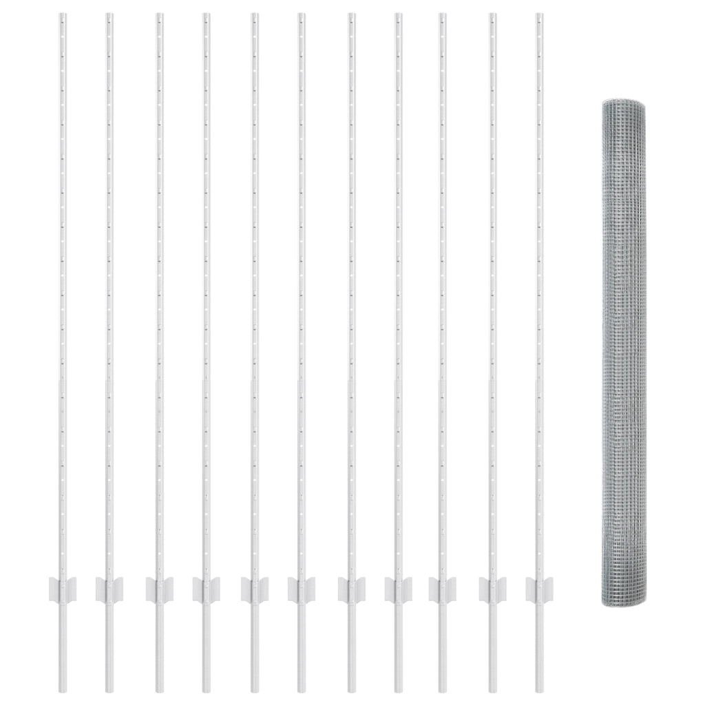 Recinzione a Rete Saldato con 22 Pali U Argento 1.6x25 m Acciaio