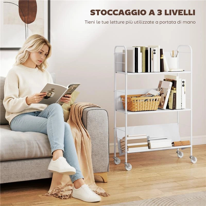 CARRELLO PORTALIBRI MODERNO A 3 LIVELLI CON RUOTE GIREVOLI PER LIBRI E RIVISTE, 69X26X108 CM, BIANCO