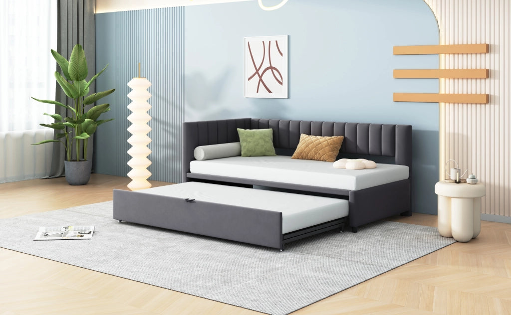 Divano letto a L con letto estraibile velluto grigio 90x200 cm
