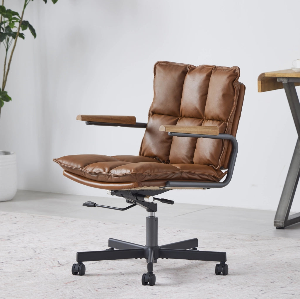 Sedia da Ufficio Ergonomica in Pelle Marrone con Altezza Regolabile