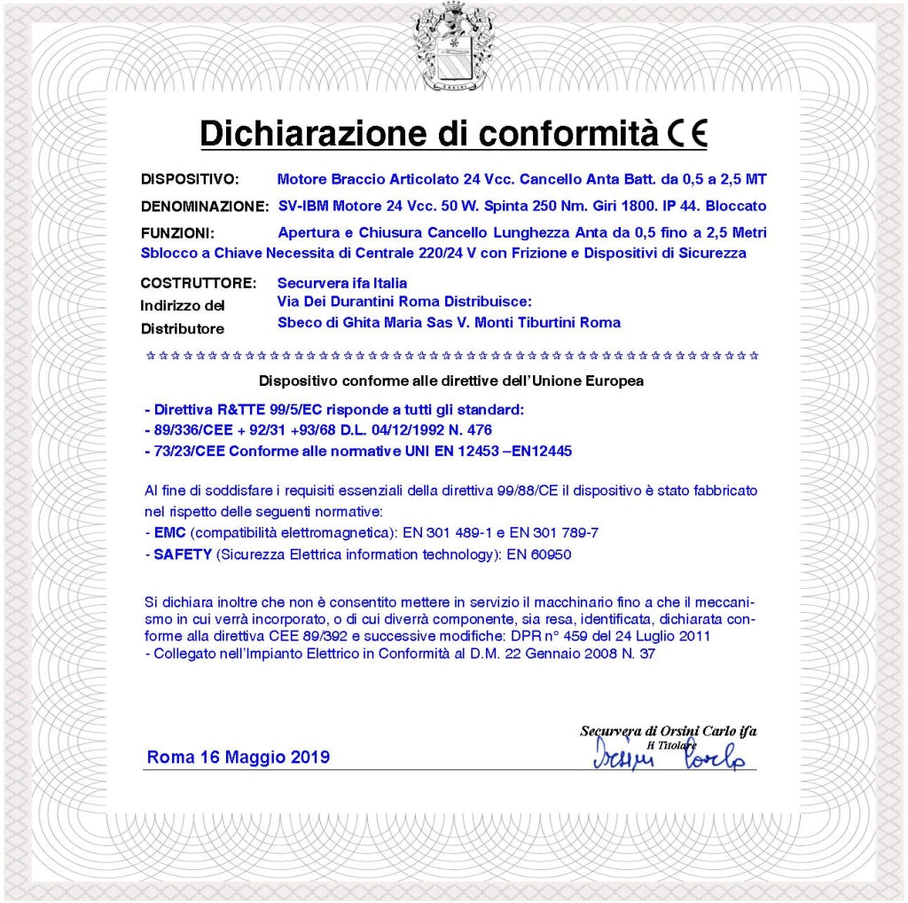 Motore a Compasso per Cancello Elettrico 24 VDC Ricambio Universale Automatismo Un Anta Battente da 0,5 A 2,5 Metri Spinta 250 Newton Sblocco a Chiave Finecorsa Meccanici Completo di Braccio Staffe Bulloni IP44 Dimensioni H295XL180XP254 mm