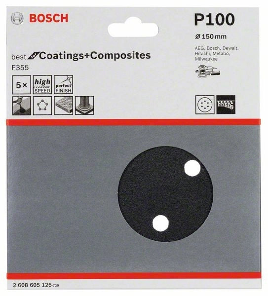 2608605125 - Fogli abrasivi F355, confezione da 5 pz. 150 mm, P100