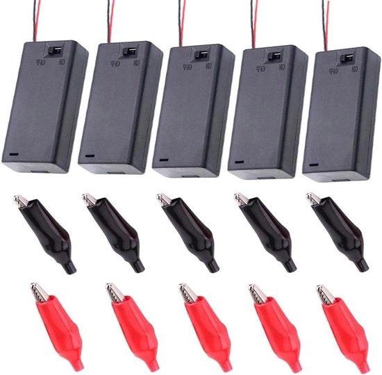 Set di 5 contenitori batterie per 2 x AA 3V con interruttore e 10 morsetti elettrici a clip crocodile