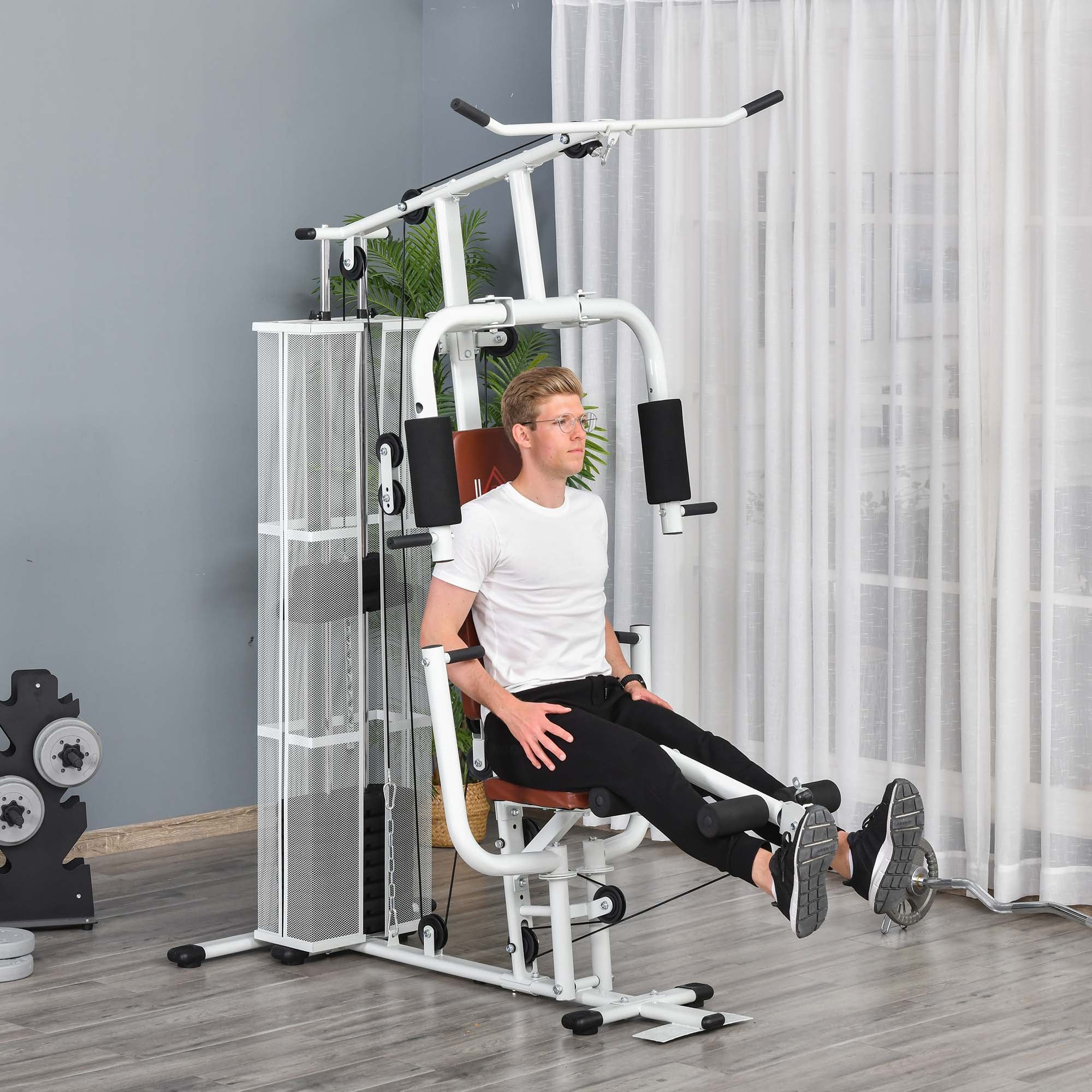 Stazione Fitness Multifunzione 150x110x210 cm in Acciaio e PU Bianco