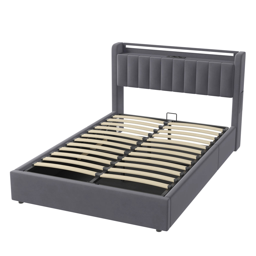 Letto imbottito 140x200 cm in velluto con contenitore, LED e porta USB