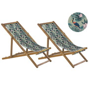 Set di 2 sedie a sdraio da giardino con struttura in legno di acacia chiaro con motivo pellicano sedile ad amaca reclinabile