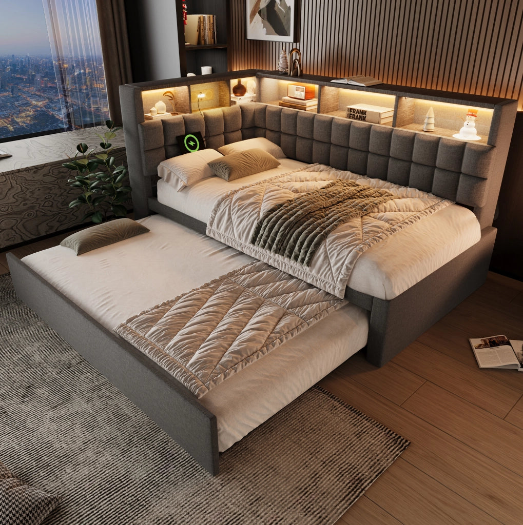 Letto imbottito 90x200 cm con letto estraibile; LED; Bluetooth; USB-A e USB-C; grigio