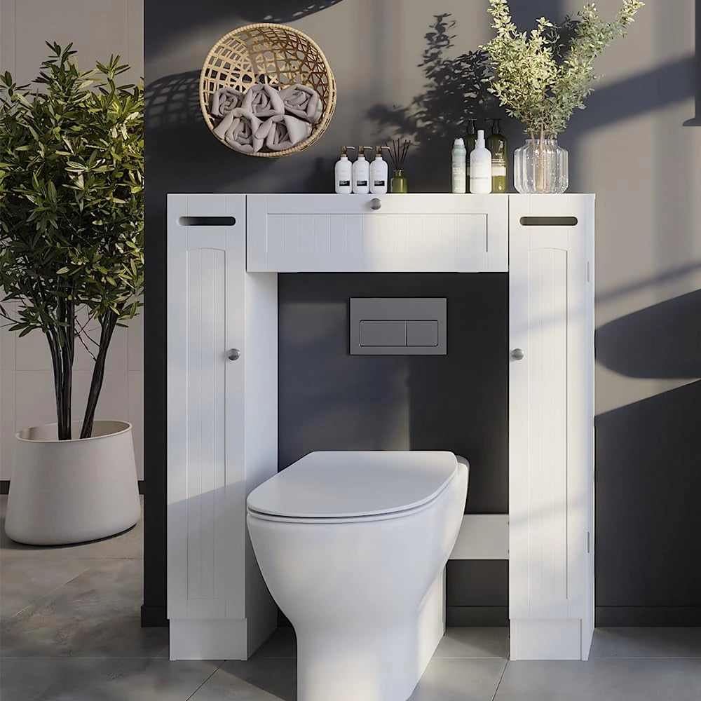 Armadietto per toilette Bianco, Bianco, 89 x 99 cm Distributore di carta igienica a destra e a sinistra, per montaggio a parete sopra il WC con sistema di erogazione integrato