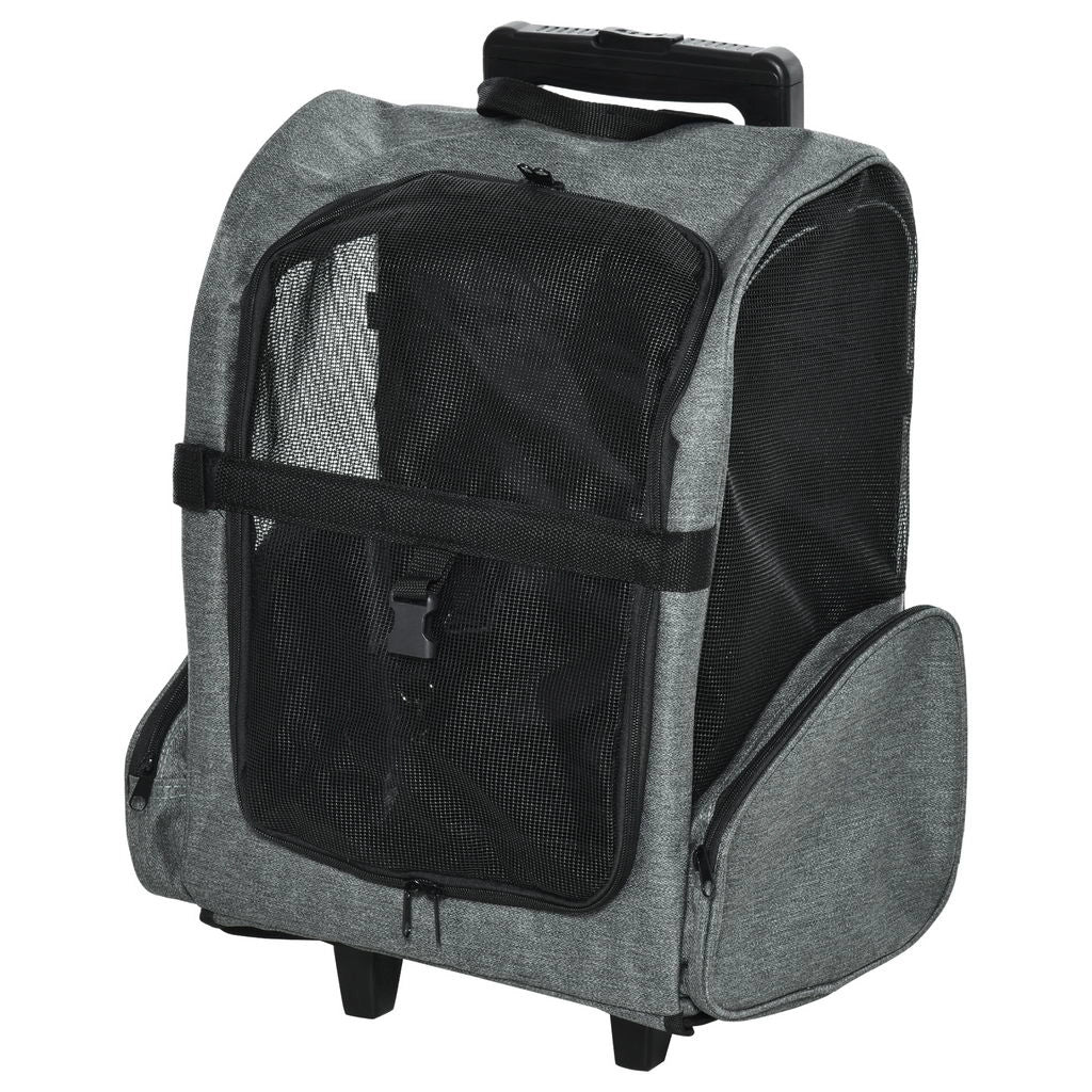 TRASPORTINO ZAINO 2 IN 1 PER CANI E GATTI CON TASCHE LATERALI, MANIGLIA TELESCOPICA E RUOTE, 42X25X55CM, GRIGIO