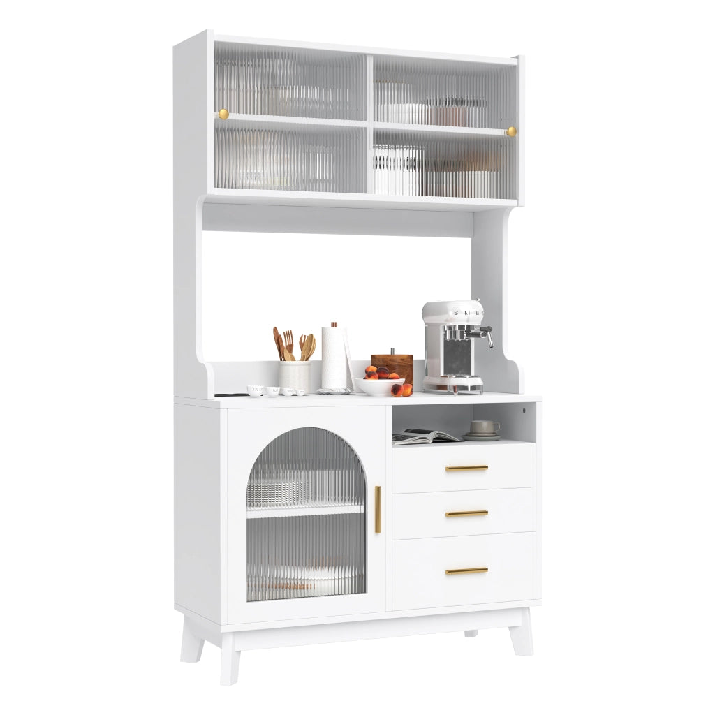 Credenza alta da sala da pranzo 100,5×40×178 cm con ampio spazio contenitivo, prese integrate e porte USB, bianco