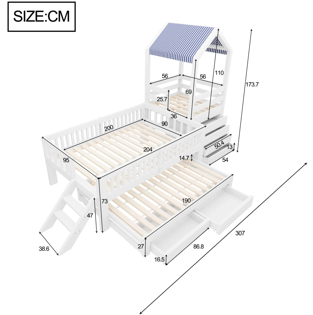 Letto per bambini a casetta 90x200 cm con letto estraibile; scala laterale e cassetti; bianco in legno massello