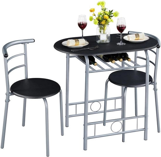 Set da pranzo in stile rurale, insieme da tavola per due persone con 1 tavolo da pranzo e 2 sedie, tavolo da cucina con cassetto di ripostiglio, insieme da tavola, arredamento da pranzo, nero