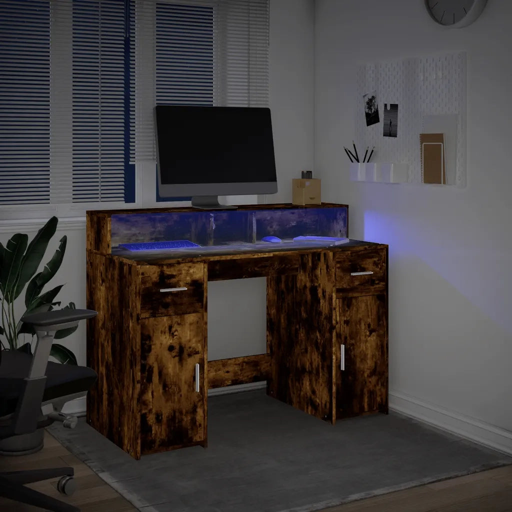 Scrivania con Luci LED Rovere Fumo 120x55x91 cm in Multistrato